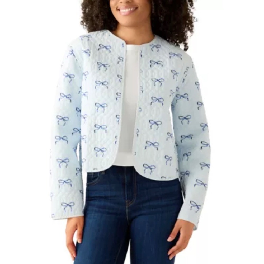 Croft & Barrow Blue Quilted Bow Print Reversible Seersucker Jacket Womens Small
